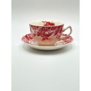 Johnson Brothers Strawberry Fair Teacup Saucer Set Red Floral Ironstone England